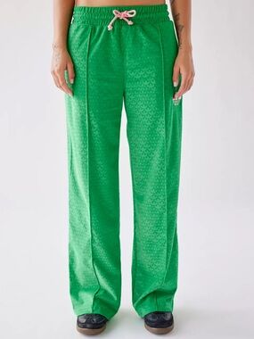 adidas Green Wide-Leg Track Pants with Pink Drawstring Small